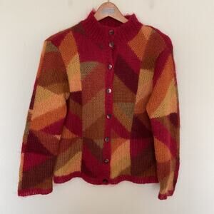 Talbots Cardigan Mohair Blend Patchwork Fall Warm Colors Geometric Sz M Petite